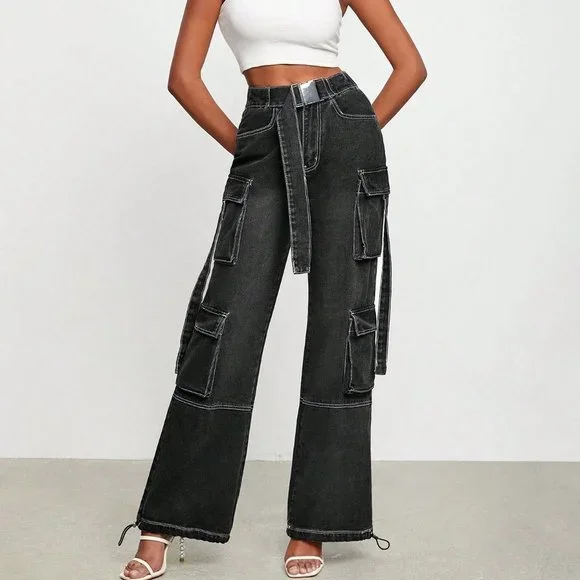 Black Casual Womens Flap Pocket Belted Cargo Jeans - Picture 2 of 5